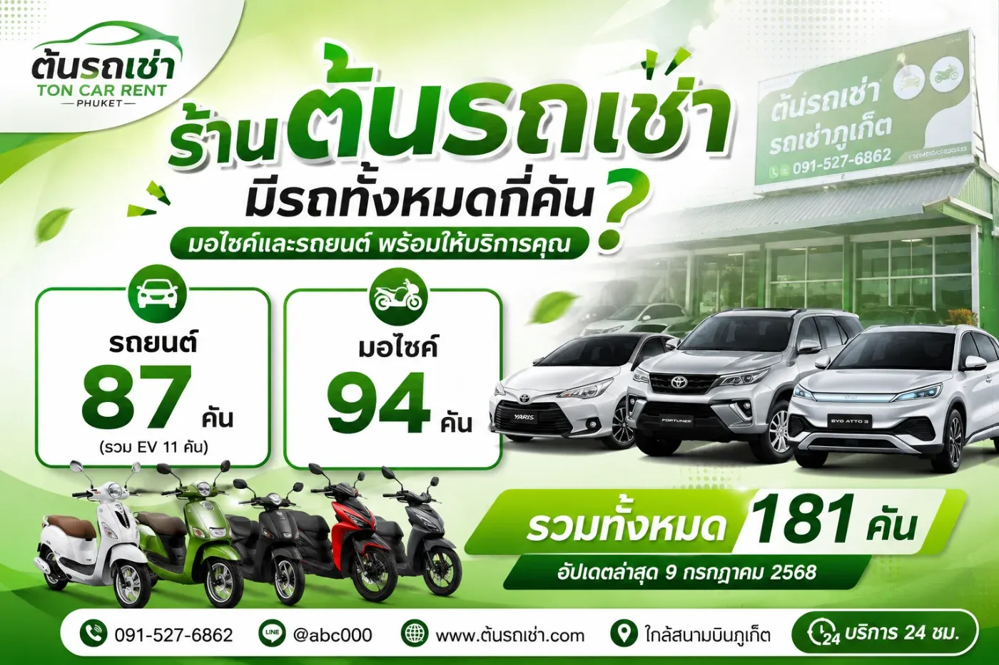ร้าน ต้นรถเช่าภูเก็ต เป็นอีกหนึ่งตัวเลือกที่มีรถให้บริการจำนวนมาก โดยปัจจุบันมีรถในฟลีทรวม มากกว่า 180 คัน ทั้งรถยนต์และรถมอเตอร์ไซค์