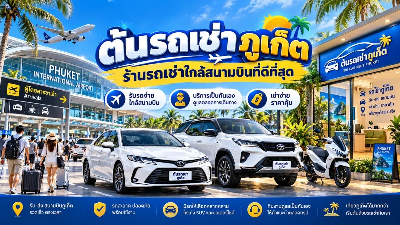 วันนี้เราขอแนะนำ ต้นรถเช่าภูเก็ต (Ton Car Rent Phuket) ร้านรถเช่าที่ตั้งอยู่ฝั่งตรงข้ามสนามบินนานาชาติภูเก็ต พร้อมบริการรับ-คืนรถสนามบินตลอด 24 ชั่วโมงตามการนัดหมาย มีรถยนต์ให้เลือกหลายประเภท ราคาคุ้มค่า และเจ้าหน้าที่ที่พร้อมแนะนำการเช่ารถอย่างเป็นกันเอง