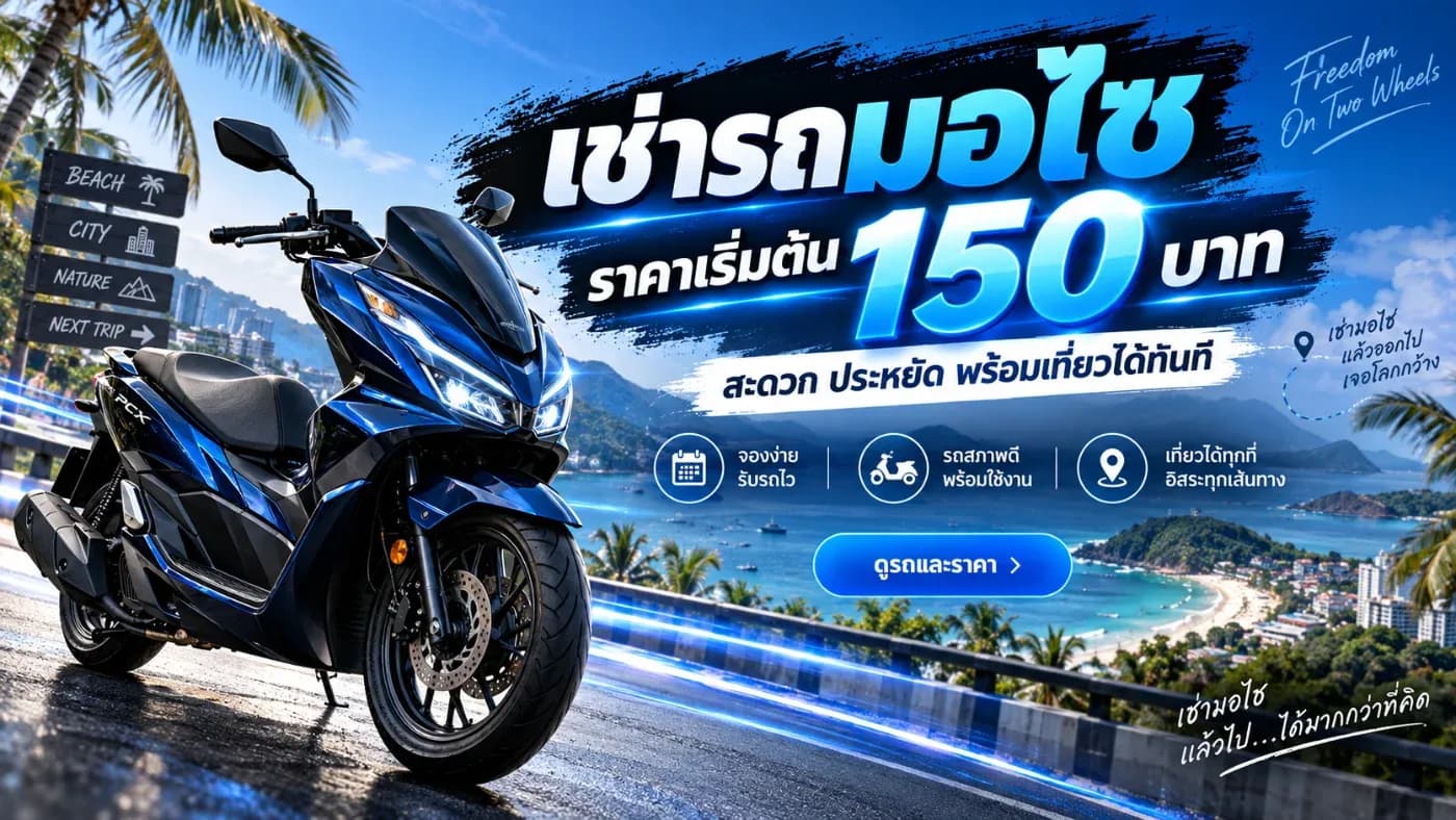 มอเตอร์ไซค์เช่าภูเก็ตราคาถูก วันนี้ต้นรถเช่าภูเก็ตมีบริการเช่ามอเตอร์ไซค์ราคาเริ่มต้นเพียง 150 บาทต่อวัน เหมาะสำหรับนักท่องเที่ยวที่ต้องการเดินทางสะดวก